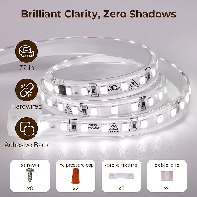 cambk 72inch Hardwired Under Cabinet Lighting for Kitchen,120V Wired Undercounter Led Strip Lights 6000K White Waterproof, Luces para Cocina Bajo Gabinete Under Shelf Lights for Sink/Workbench