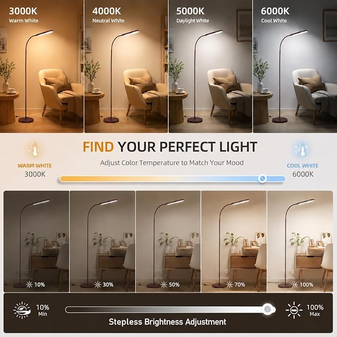 Wio-Mio Led Floor Lamps with 15w/1000lm Bright LED Floor Lamp with Stepless Adjustable 3000K-6000K Colors and Dimmer, Remote and Touch Control Reading Lamp, Adjustable Floor Lamp for Living Room