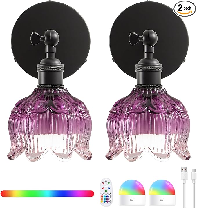 Vintage Wall Sconce - 5000mAh Rechargeable Dimmable Wireless Powered Light Sconces - Set of 2 Purple Flower Glass Cordless Mounted Lighting with Remote Control for Bedroom Bedside
