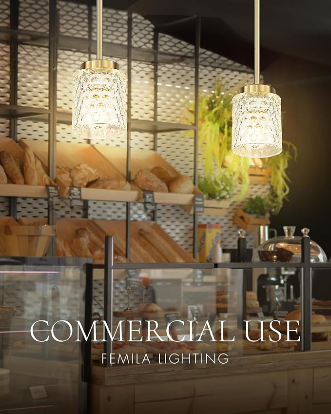 FEMILA Gold Pendant Light, 4" Pendant Light Fixtures, Kitchen Island Lighting, Hammered Glass, E26 Base, 4FY86MIL BG