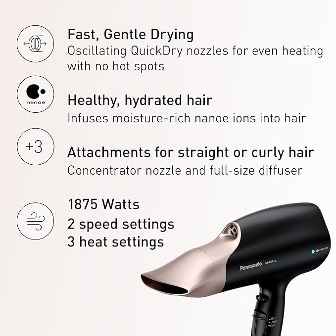 Panasonic Nanoe Salon Hair Dryer with Oscillating Quickdry Nozzle, Diffuser & Concentrator Attachments, 3 Heat & 2 Speed Settings, Japanese Technology for All Hair Types – EH-ANA6HN (Black/Pink Gold)
