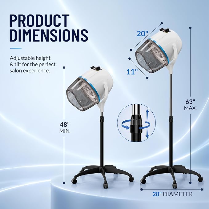 Nova Microdermabrasion Professional Hooded Floor Hair Dryer Adjustable Bonnet Hair Dryer Stand Up with Timer and Rolling Wheels for Beauty Spa Home Salon Equipment (White)