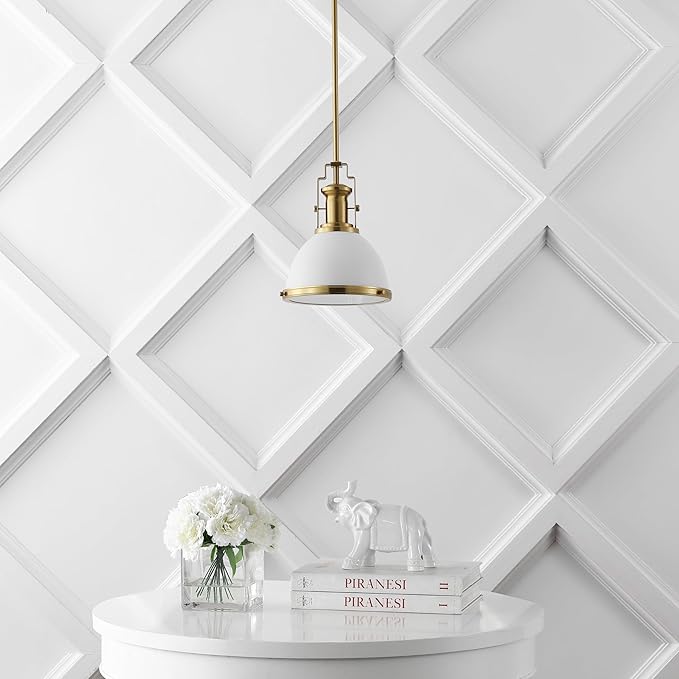 JONATHAN Y 10" Brass Gold/White Modern Industrial Iron LED Dome Pendant Light, Adjustable Hanging Fixture for Kitchen Island or Entryway, White Metal Shade, LED Bulb Included (JYL9535D)