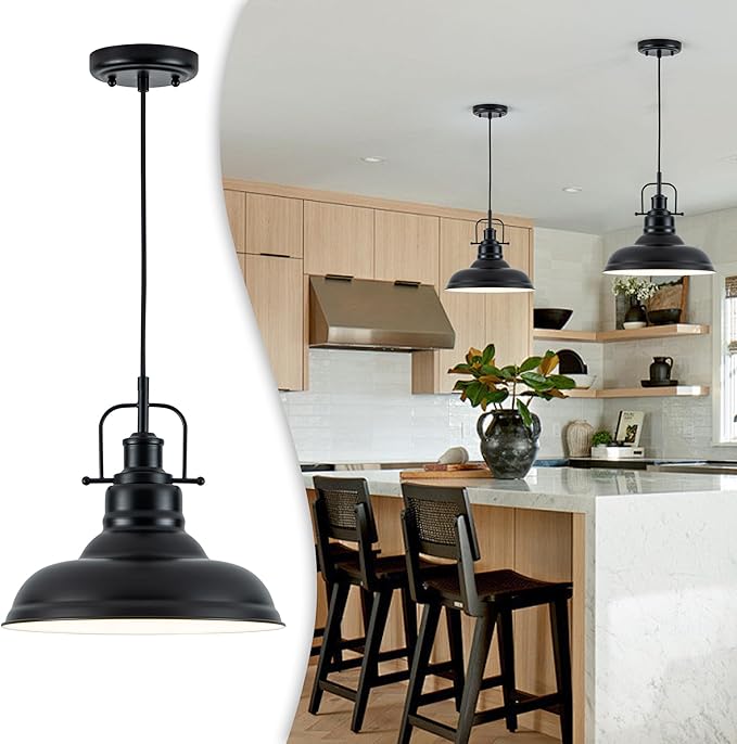 Zlepmlla Famrhouse Pendant Light, Black Pendant Light Fixture with Metal Dome Shade, Adjustable Height Hanging Light for Kitchen Island, Living Room, Bedroom