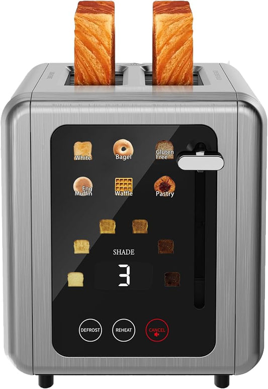 Touch screen Toasters 2 slice,Stainless Steel Digital Timer Toaster with Sound Function,6 Bread Types & 6 Shade Settings,Smart Extra Wide Slots Toaster with Bagel,Defrost Functions,Grey