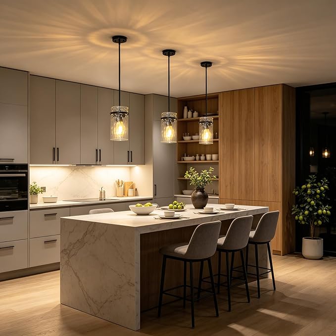 2 Pack 5.5" Black Hammered Hand-Blown Glass Pendant Light Farmhouse Black Pendant Light, Hammered Glass Light Pendant for Dining Room Light Adjustable Pendant Lighting Over Sink