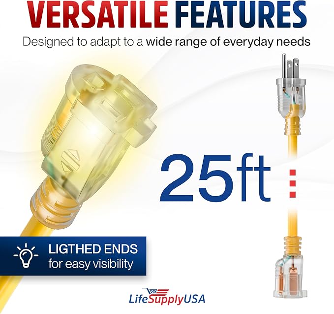 25ft Outdoor/Indoor Extension Cord 10/3 Gauge Ultra Heavy Duty 3 Prong SJTW, Waterproof, Flexible Cold-Resistant Long Power Cord,15A 125V 1875W, Yellow by LifeSupplyUSA