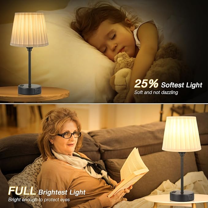 White Bedside Lamps for bedrooms Set of 2 - White Pleated Lamp Shade with USB Charging Ports, Touch Lamps for Nighstand, Night Stand Lamp for Dorm/Office/Living Room/Class Room
