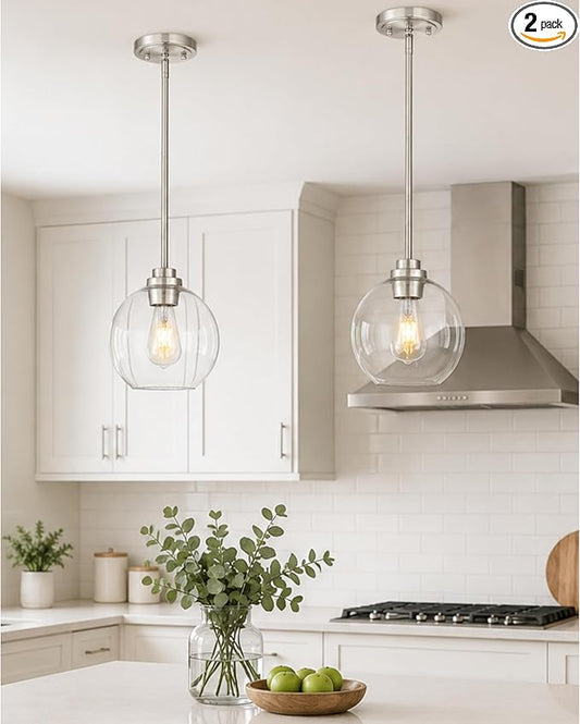 2 Pack Pendant Lights Kitchen Island, 8" Brushed Nickel Pendant Light Fixtures with Globe Clear Glass Shade, Modern Kitchen Island Lighting for Bathroom, AD-22280-2PL-SN