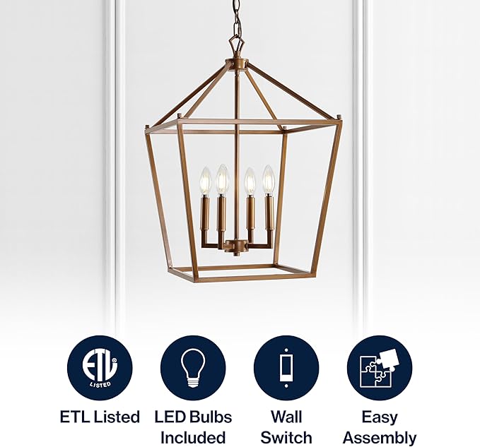 JONATHAN Y 16" Antique Gold Lantern Pendant Light, 4-Light Pagoda Style Metal Cage Farmhouse Hanging Ceiling Fixture for Kitchen Island, LED Bulb Included (JYL7437B)