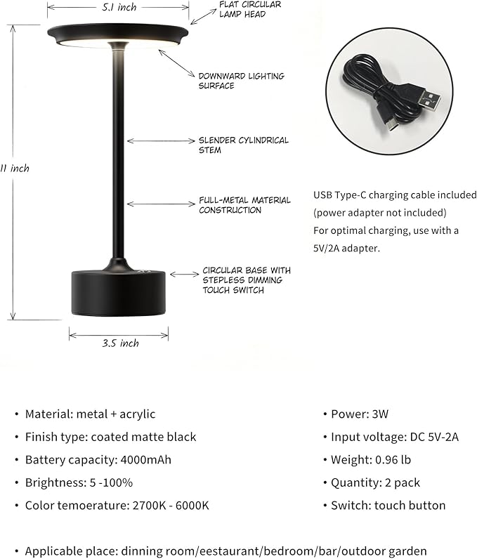 PUSU Rechargeable Table Lamps Set of 2, Black Cordless LED 4000mAh Battery Desk Lamp, Stepless Dimming & 3 Color 2700K-6000K, Portable Lamp for Bedroom, Living Room, Restaurant, Outdoor, Night Light