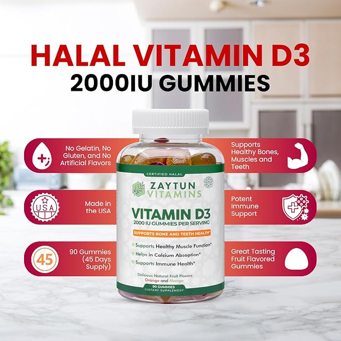 Zaytun Halal Vitamin D3 2000 IU Gummies, Supports Bone & Immune Health, Promotes Muscle Function, Gluten & Gelatin Free, 90 Natural Fruit Flavor Gummies, Made in USA - Halal Vitamins