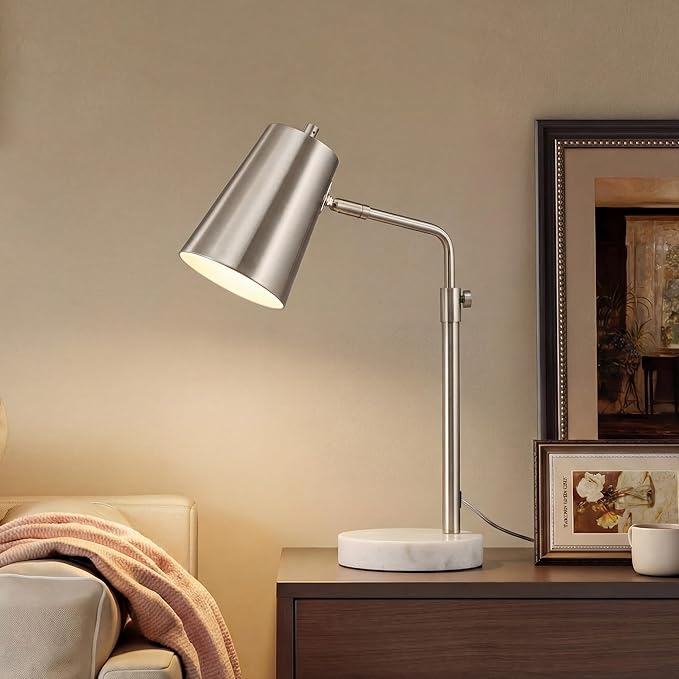 VONLUCE 20" Desk Lamp with LED Bulb, Metal Table Lamp Marble Base, Mid Century Modern Reading Lamp Office, Industrial Task Lamp Work Lamp for Reading Bedroom, Nickel