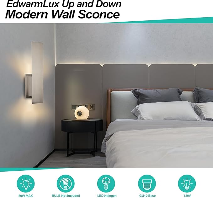 Edwarmlux Indoor Wall Sconces, Modern Wall Lights, Up and Down Wall Mount Light, Dimmable Hardwired Wall Light for Bedroom, Living Room, Hallway, GU10 Bulbs Excluded, 2 Pack (Brushed Nickel)
