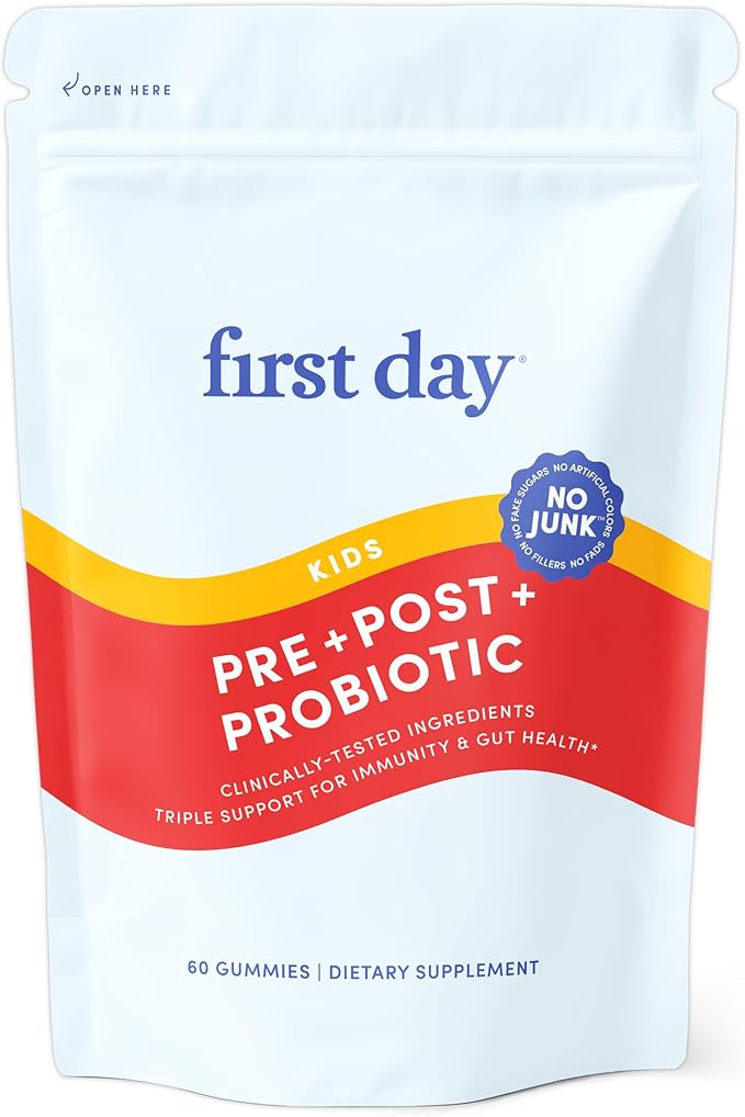 Gummies Probiotiques Enfants FIRST DAY - Probiotiques 3-en-1 pour enfants + Prébiotiques et Postbiotiques - Prébiotiques et Probiotiques pour la Santé Digestive et le Soutien Immunitaire – Végétalien, Sans Gluten, Approvisionnement de 30 Jours