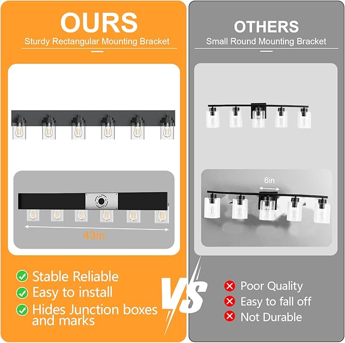 IZORRO Bathroom Vanity Light Fixture, 6-Light 46 Inch Matte Black Bathroom Light Fixtures Over Mirror, with Clear Glass Shade, Modern Farmhouse Vanity Lights, Rustic Restroom Lighting Fixtures