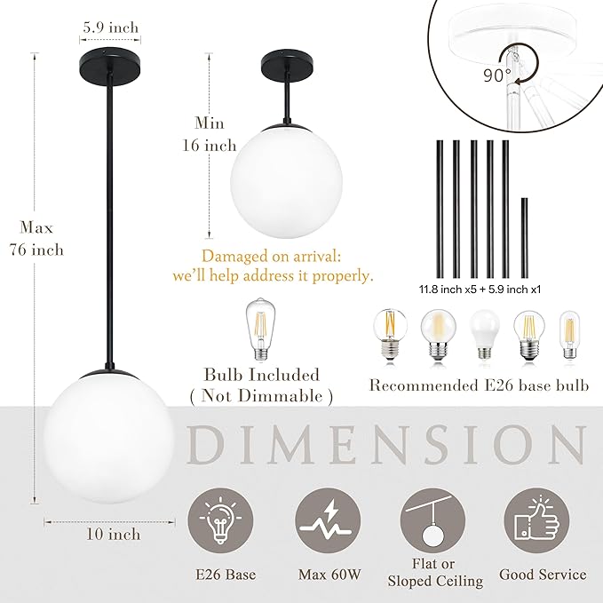 Bagood 10 Inch Globe Pendant Light Contemporary Globe Pendant Lights Black Mid Century Pendant Light Adjustable Hanging Light Fixture Matte Black Finished with Milk Glass Lampshade for Kitchen Island