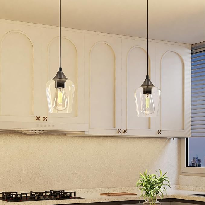 VONLUCE Pendant Lights Kitchen Island, Matte Black Pendant Light Fixtures with E26 Base & Adjustable Cable, Modern Pendant Lighting with Glass Shade for Living Room Bedroom Hallway, 2 Packs