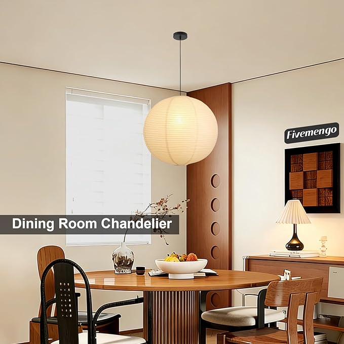 Large Paper Pendant Light with Cord and Canopy, 20in Off-White Rice Paper Hanging Lamp, Japanese Japandi Wabi Sabi Lantern Lamp Chandelier for Living Dining Room Bedroom Kitchen 1 Pack