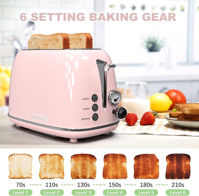 Toaster 2 slice,Retro Stainless Steel Toaster with 6 Settings, 1.5 In Extra Wide Slots, Bagel/Defrost/Cancel Function, Removable Crumb Tray (Baby pink)
