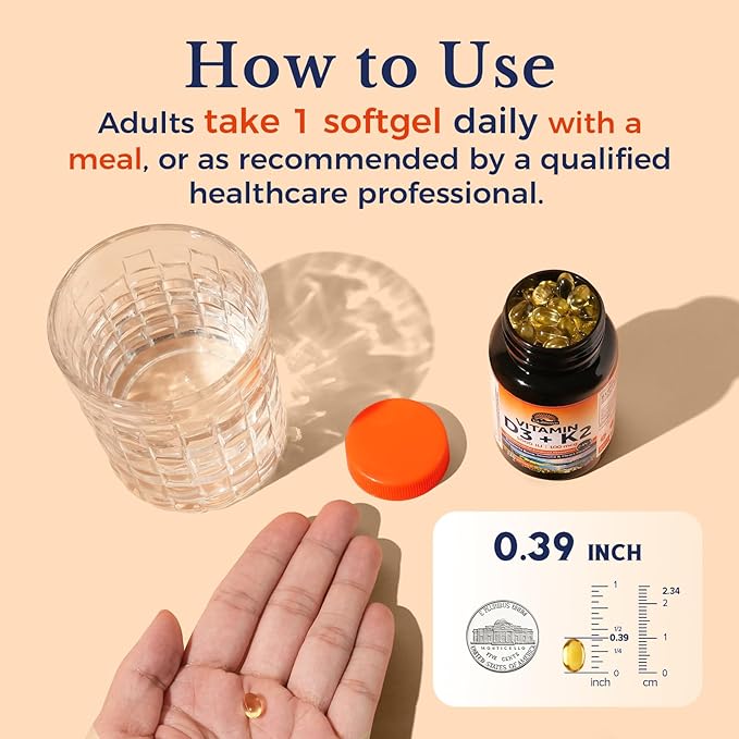 Complément Vitamine D3 K2 Vitalitown, D3 5000 UI, Vitamine K2 MK-7 100 mcg, Sans OGM, Sans Gluten ni Soja, pour la Santé des Os, des Dents, du Système Immunitaire et Cardiaque, 120 Gélules Molles