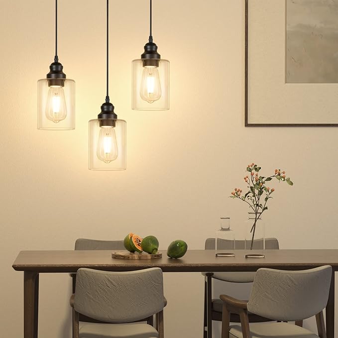 Licperron 2 Pack Modern Black Pendant Lighting, Clear Glass Shade Pendant Lights Kitchen Island, Hanging Ceiling Light Fixture, Farmhouse Pendant Lighting for Dining Room Bedroom Bar Office