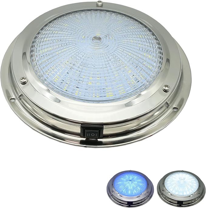 Marine Boat Dome Light, Dual Color 5.5" 12V LED Interior Cabin Lights with Toggle Switch, Stainless Steel Surface Mount (White|Blue)