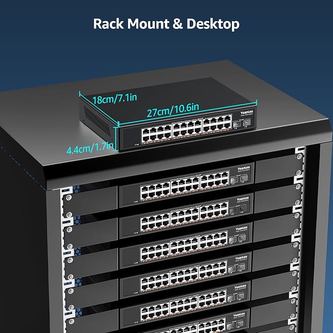 24 Port 2.5G Umanaged Ethernet Switch, 24 x 2.5Gb Base-T Ports, 2 x 10G SFP+, Compatible with 100/1000/2500Mbps, Metal Fanless, Desktop/Rack Mount YuanLey 2.5Gbe Network Switch for AP, NAS, PC