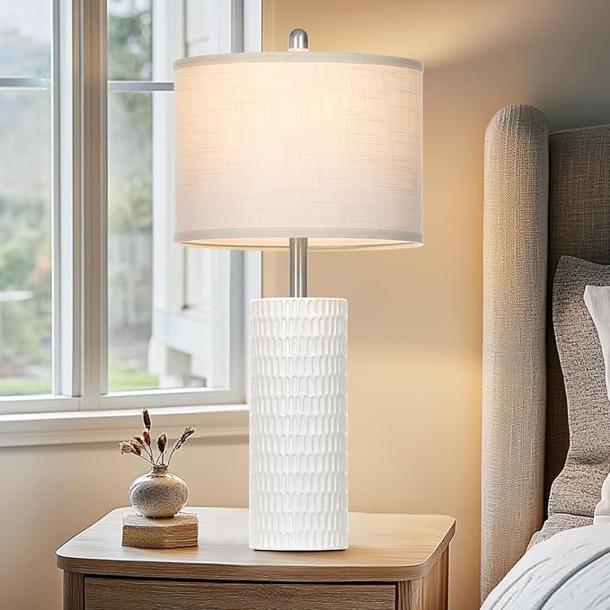 Cinyirong 27" Ceramic Table Lamp, Farmhouse Table Lamp for Living Room, White Lamp for Bedroom, Night Stand, Modern Bedside Lamp Set of 2, End Table Lamps, White(2 Bulbs Included)