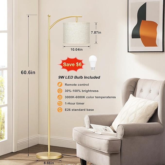 Ambimall 60" Gold Floor Lamp with Remote Control and Stepless Dimmable Bulb, Colors Temperature & Brightness Adjustable, Modern Floor Lamps for Living Room, Beige Shade & Gold Pole