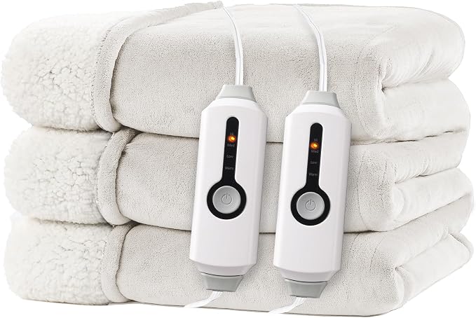 Electric Heated Blanket Queen Size 84"x90" – ETL Certified for Safe Overnight, 4 Heat Settings & 10H Auto Off, Dual-Sided Microplush Sherpa for Home Theater Night, Machine Washable – White
