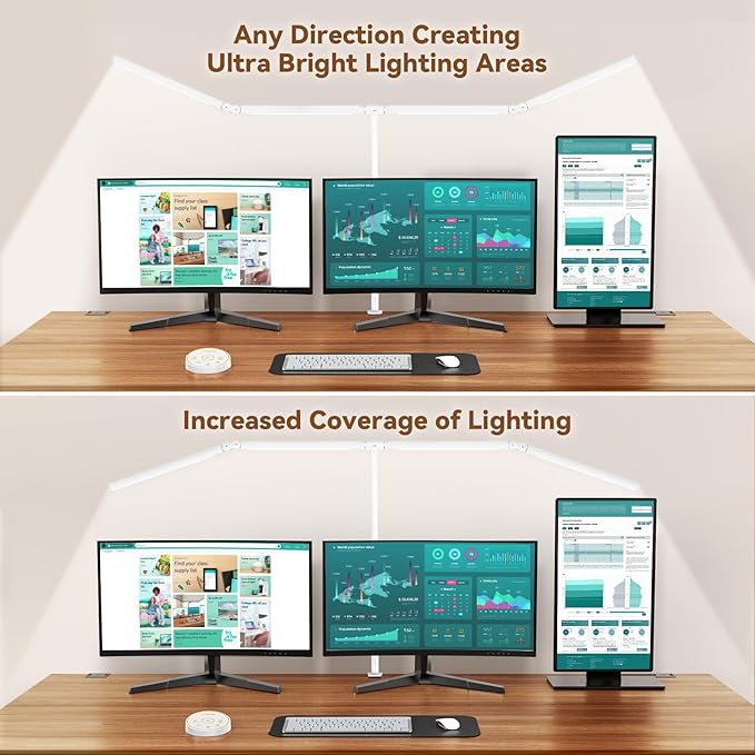 Pzloz Led Desk Lamp with Clamp: Architect Desk Lamp for Home Office, Eye Caring Double Head Computer Monitor Work Desk Light with Remote Control - 24W Flexible Dimmable Desktop Table Lamp White