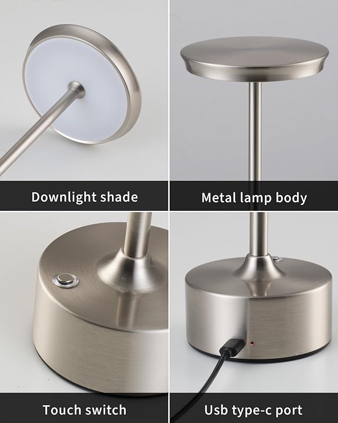 PUSU Rechargeable Table Lamps Set of 2, Nickel Cordless LED 4000mAh Battery Desk Lamp, Stepless Dimming & 3 Color 2700K-6000K, Portable Lamp for Bedroom, Living Room, Restaurant, Outdoor, Night Light