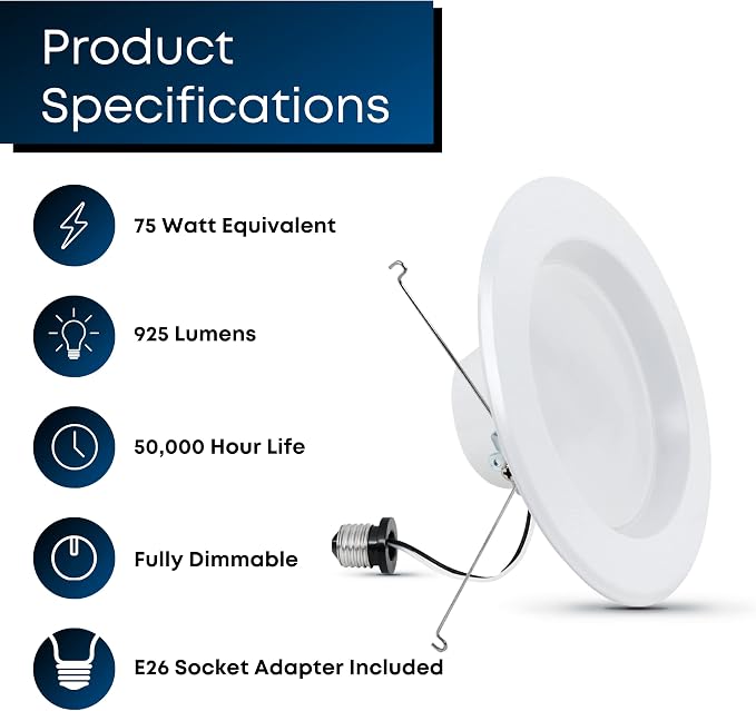 Feit Electric 5-6 inch LED Recessed Downlight - Pre-Mounted Trim - Standard Base Adapter - 3000K CCT Bright White - Dimmable- 75W Equivalent - 45 Year Life - 925 Lumens, LEDR56/930CA