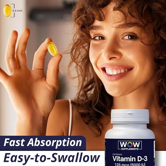 WOW Supplements Vitamine D3 5000 UI Gélules, 125 mcg - Supplément Vitamine D3 5000UI pour des os solides et un soutien immunitaire - Sans OGM, Sans gluten Vitamine D 5000 UI - VIT D3 5000 UI Gélules - 120 Gélules