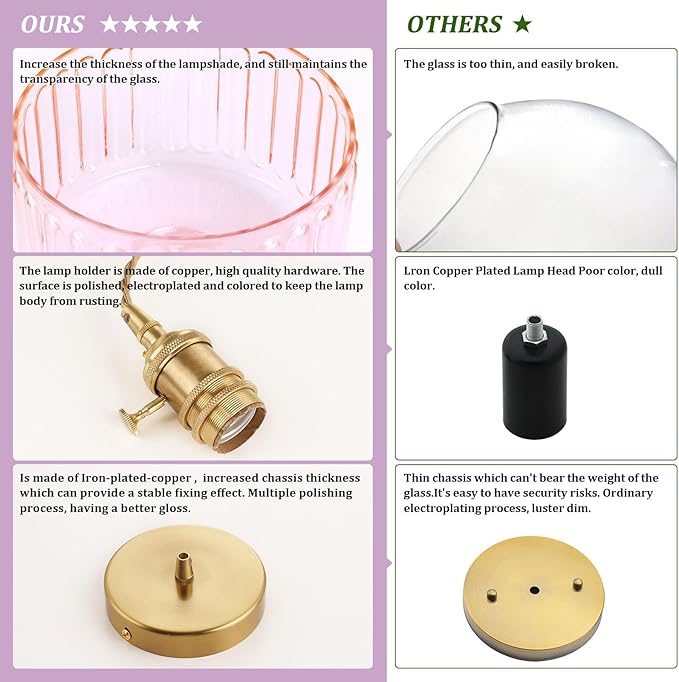 Shenmoyl Pendant Light with Pink Striped Glass Lmapshade, Brass Vintage Pendant Light Adjustable Hanging Light for Kitchen Island Dining Room Hallway