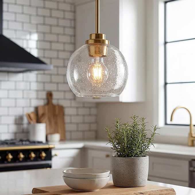 2-Pack Pendant Lights Kitchen Island, 7" Modern Brushed Gold Hanging Lights Fixtures with Clear Seeded Glass Globe Shade, Kitchen Island Lighting for Bathroom, AD-22280-1P2-GD-S
