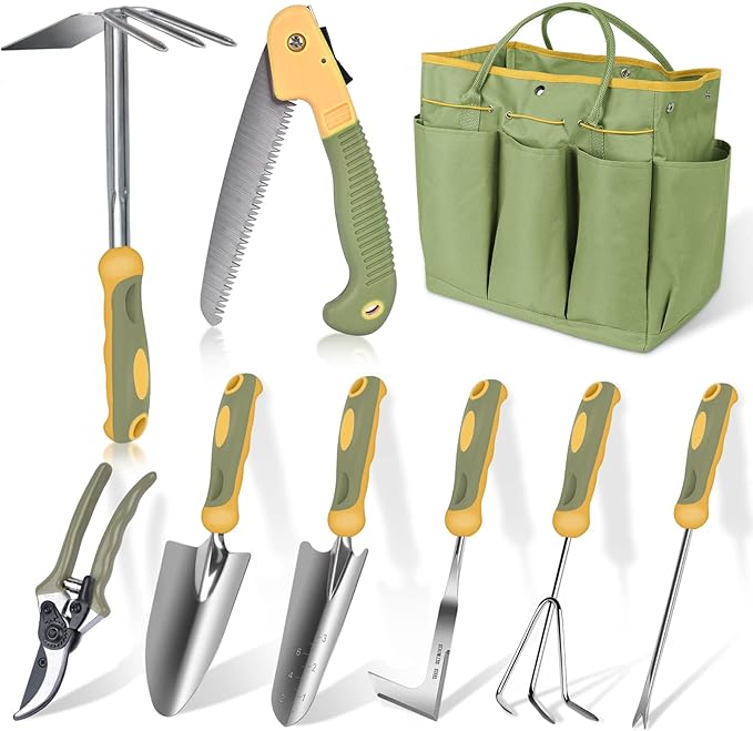 Garden Tool Set, WisaKey 9 Piece Stainless Steel Heavy Duty Gardening Hand Tools with Handle, Durable Garden Tool Bag, Gardening Gifts for Women and Men for Woman Mothers