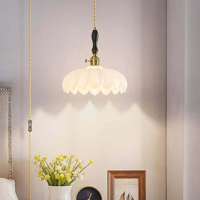 Modern White Plug in Glass Pendant Light Retro Flower Glass Hanging Lamp Gold Brass Decorative Adjustable Ceiling Hanging Light Suitable for Kitchen Island Bedroom Dining Room Living Room