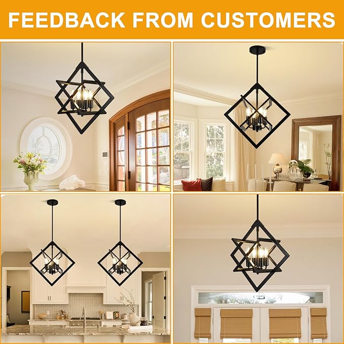 18" Modern Black Chandelier for Dining Room, No Assembly Required 4-Light Dining Room Light Fixture Over Table, Industrial Metal Hanging Pendant Lights Fixture for Kitchen Island, Entryway, Foyer