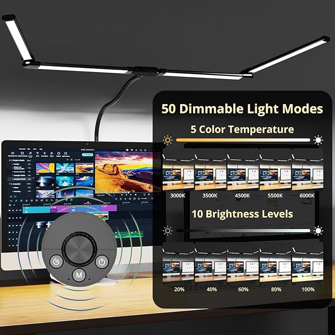 Desk Lamp, Clamp Desks Lamps for Home Office, 24W Flexible Gooseneck Table Lamp, 10 Color Modes & Brightness Eye-Caring Desk Light w/USB Adapter (12V2A Black)