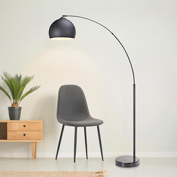 Teamson Home Arquer 66.93" Arc Floor Lamp for Living Rooms, Home Offices, Dining Rooms, Bedrooms with Faux Black Marble Base and Black Bell Shade