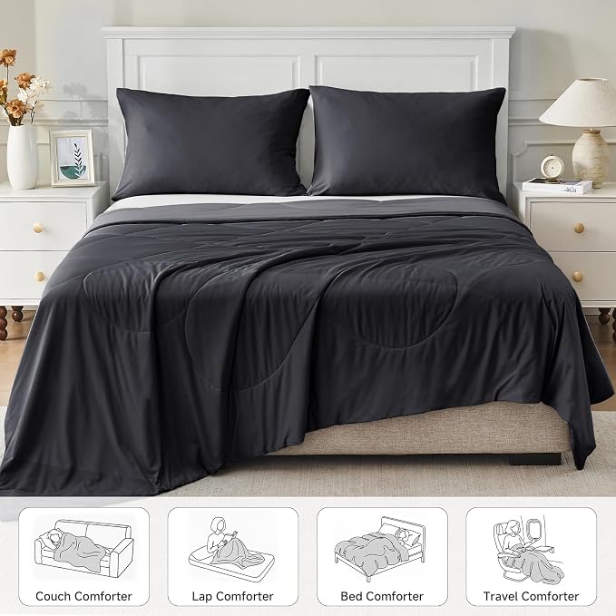 HOMFINE Cooling Comforter Twin Size, Black Summer Cooling Blanket for Hot Sleepers and Night Sweats, Japanese Double-Sided Cold Tech Fabric Q-Max 0.45, Soft Breathable Silky Smooth Lightweight