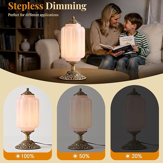 Milk Glass Table Lamp, Touch Control with USB Charging Port Vintage Bedside Desk Lamp Stepless Dimming for Bedroom Living Room Nightstand Led Bulbs Included （Pink）