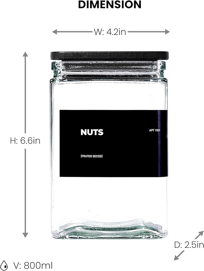 APT 1101 Glass Storage Jars with Bamboo Lid, glass canisters with airtight lids, Clear jars with lids for Spice, Cookie, Candy, Tea, Coffee Bean and Rice (Black, 26 oz, Set of 6)