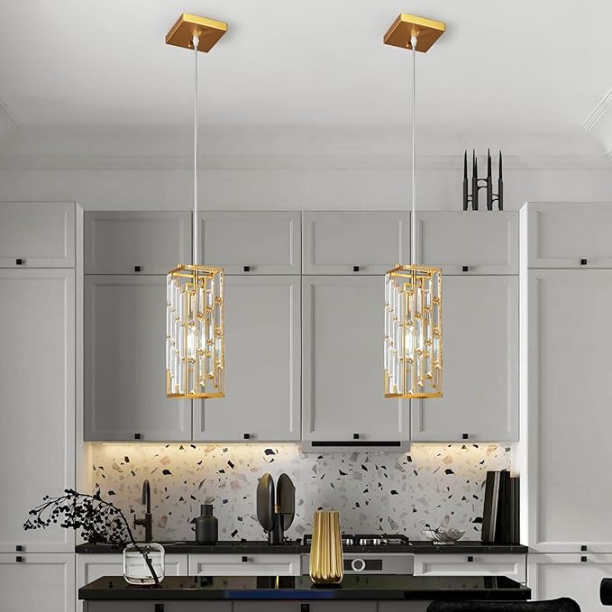 Gold Pendant Lighting Modern Pendant Light, Mini Crystal Chandeliers,Adjustable Pendant Light Fixture for Kitchen Island Dinning Room Bedroom (3 Pack)