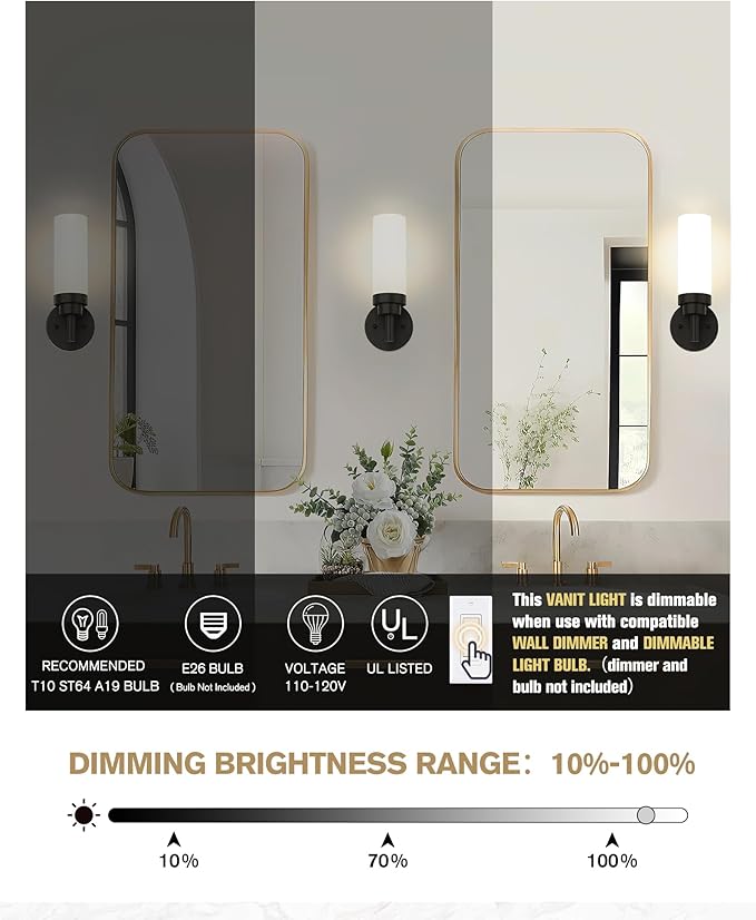 Emak Modern Wall Sconce Set of 2, Black Bathroom Light Fixtures with Milk Glass Shade, Farmhouse Wall Lamp for Bathroom, Bedroom, Living Room, Hallway, WS085-BK-ML-2PK