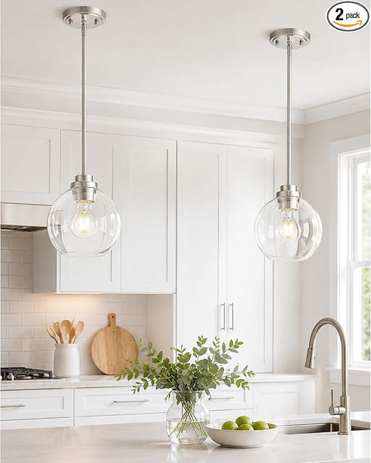 Pendant Lights Kitchen Island 2 Pack, 7" Modern Brushed Nickel Hanging Lights Fixtures with Clear Glass Globe Shade, Kitchen Island Lighting for Bathroom, AD-22280-1P2-SN-C