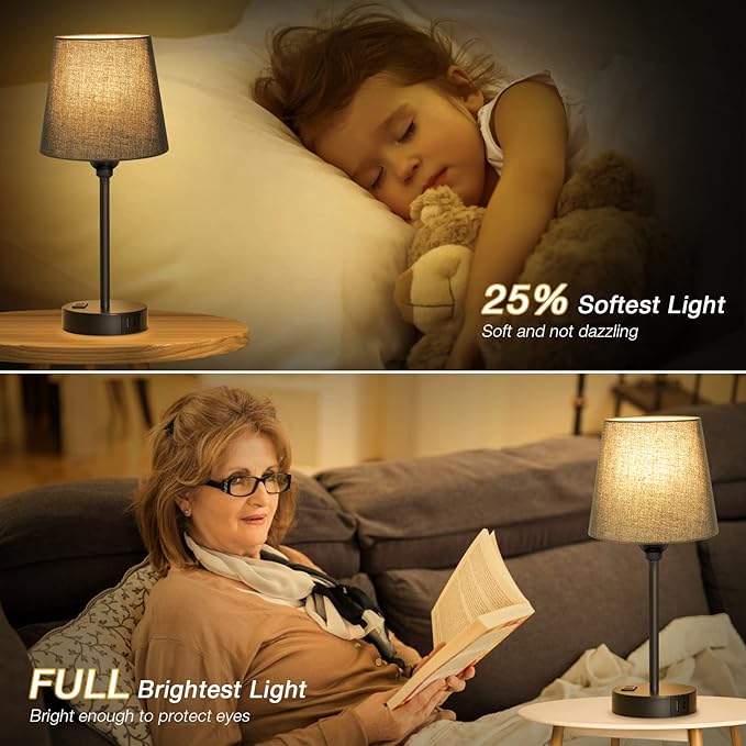 Black Lamp for bedrooms Set of 2 - Nightstand Bedroom Lamp with USB C Port and AC Outlet Charging, 3 Way Dimmable Touch Control Bed Side Table Lamp, Small Night Stand Light for Men/Kids