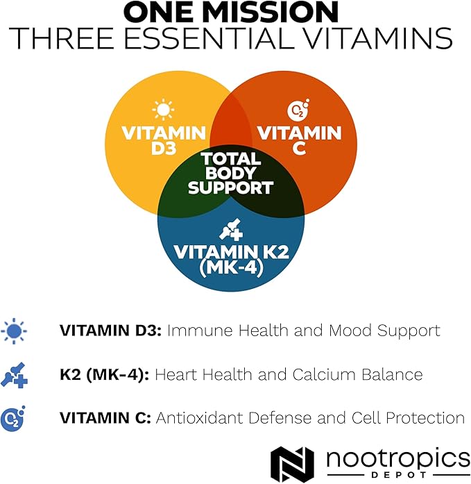 Nootropics Depot Vitamine D3 + K2 avec Comprimés de Vitamine C | 60 unités | Cholecalciferol + Menaquinone-4 (MK-4) | Humeur et Santé Osseuse | Absorption Saine du Calcium